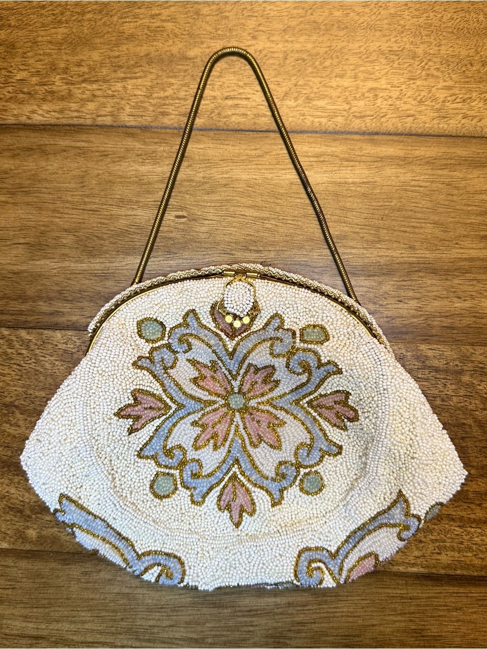 Vtg Walborg Hand Beaded Purse Made in France Mid Century Pastel Floral Medallion
